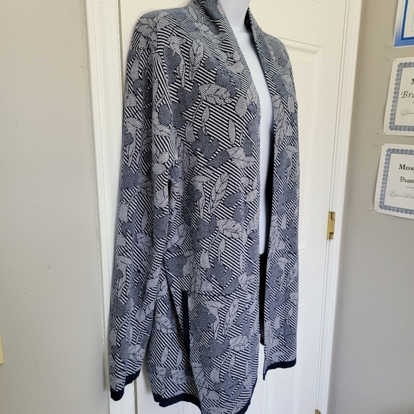 Lands' End Jacquard Open-Front Long Cardigan Sweater Deep Sea Navy Chevron Sz L - Picture 3 of 10